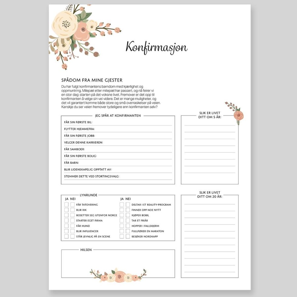 Spådomsark om konfirmanten, ferskenblomst - 20 stk