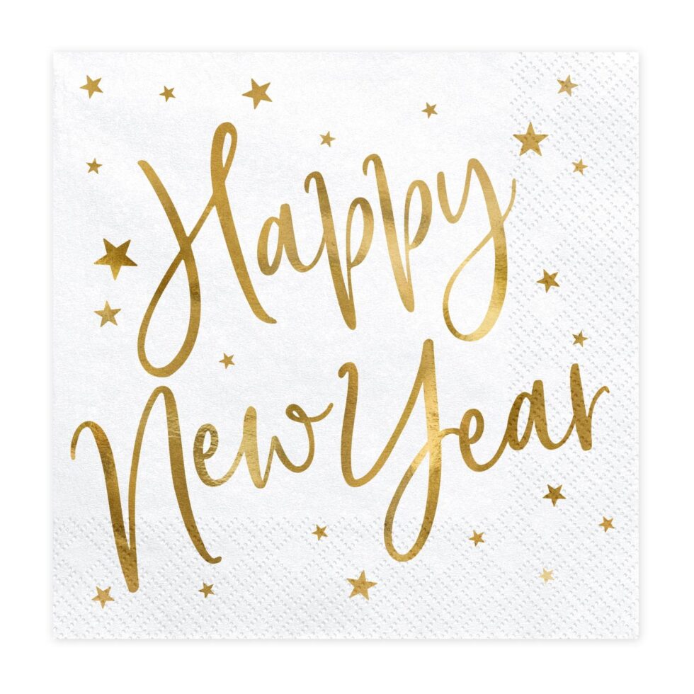 Servietter Happy New Year, gull og hvit – 20 stk