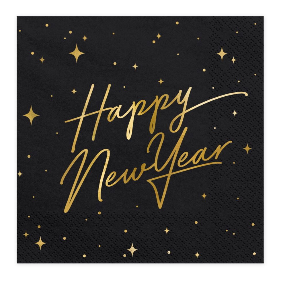 Servietter Happy New Year, gull og svart – 20 stk