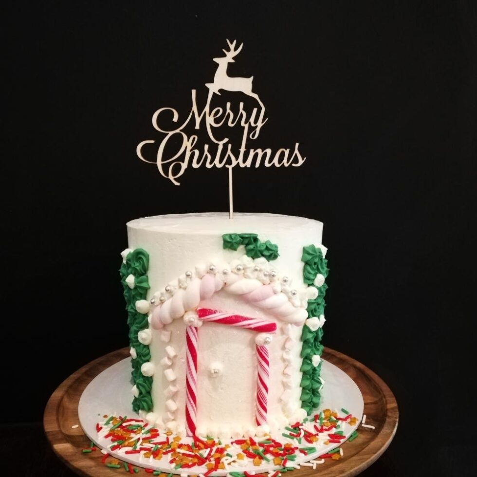 Kakepynt, treverk - Merry Christmas