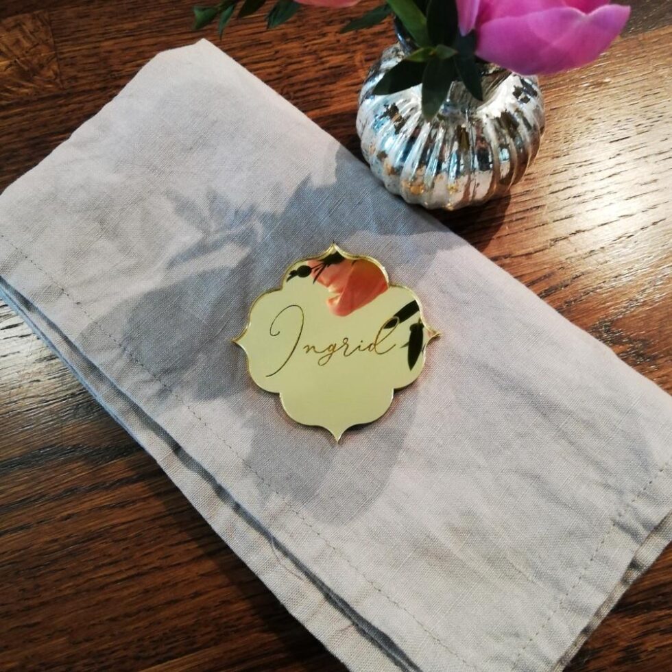 Bordkort egen tekst, speil gull - Rosett