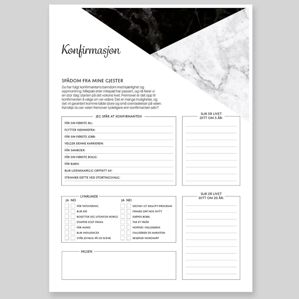 Spådomsark om konfirmanten, svart - 20 stk
