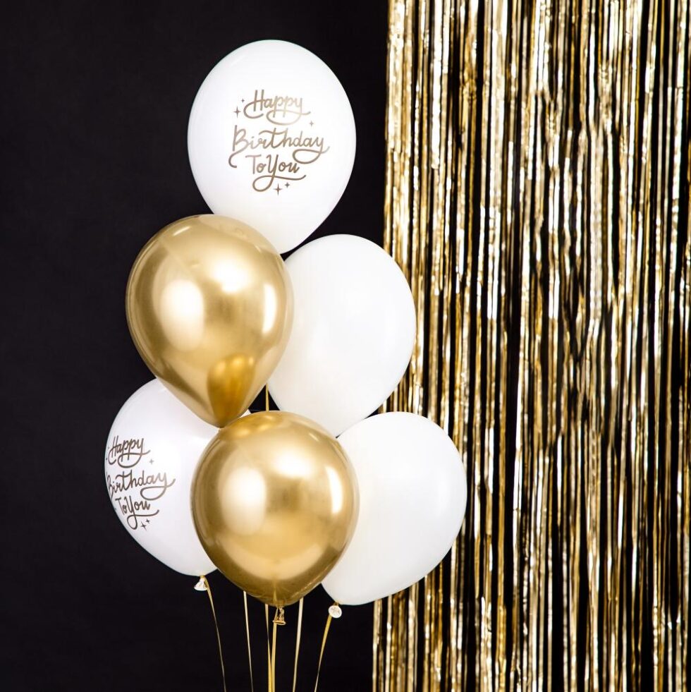Ballongbukett hvit og gull, 6 stk - Happy birthday