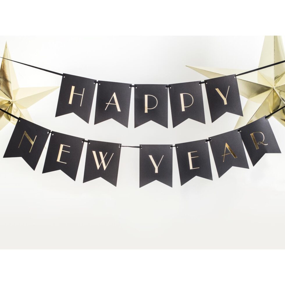 Flaggbanner, Happy New Year - svart og gull