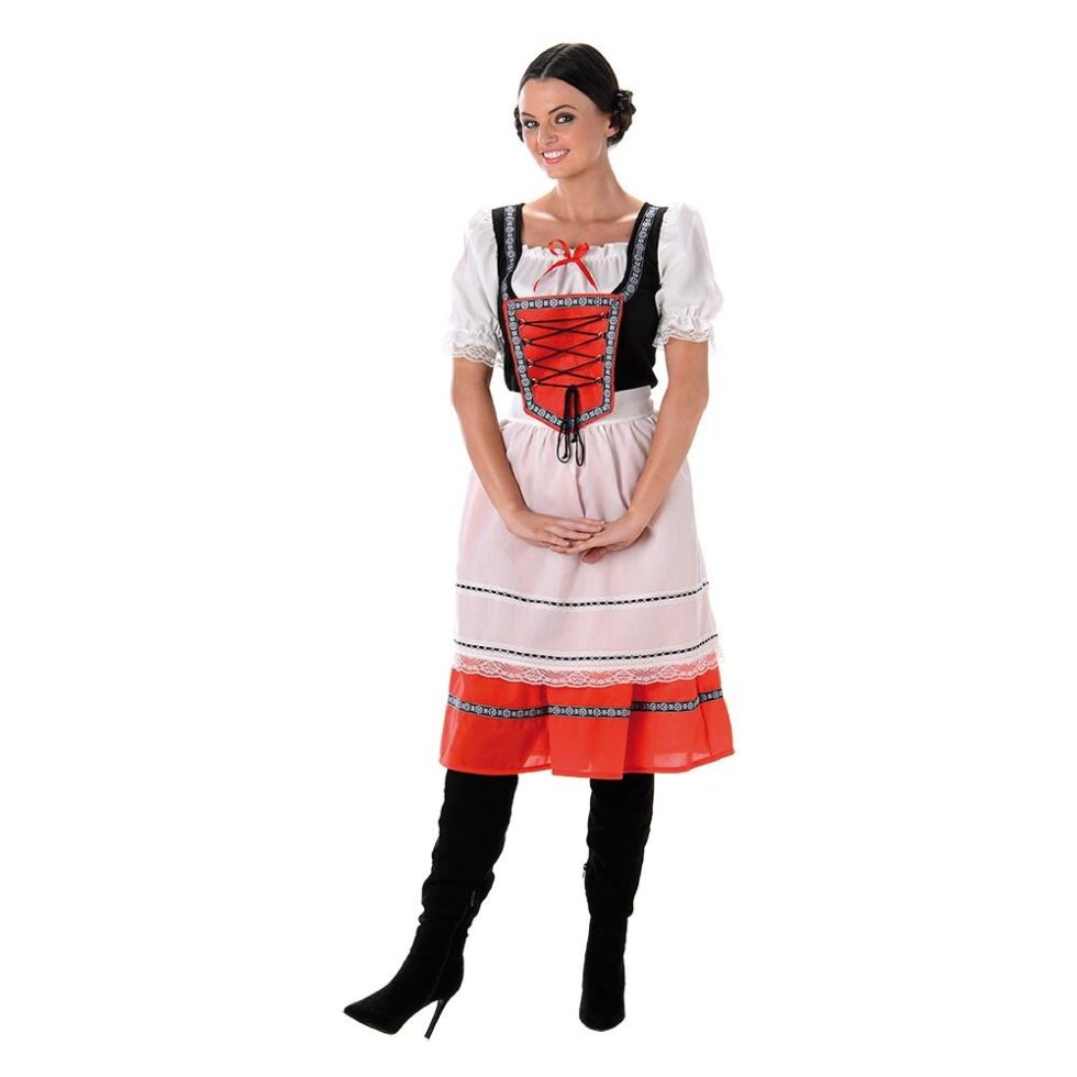 Oktoberfestkjole lang, rød og hvit - strl XS