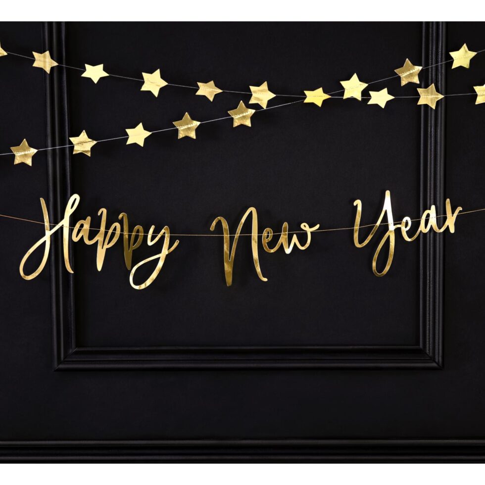 Banner, Happy New Year, løkkeskrift - gull