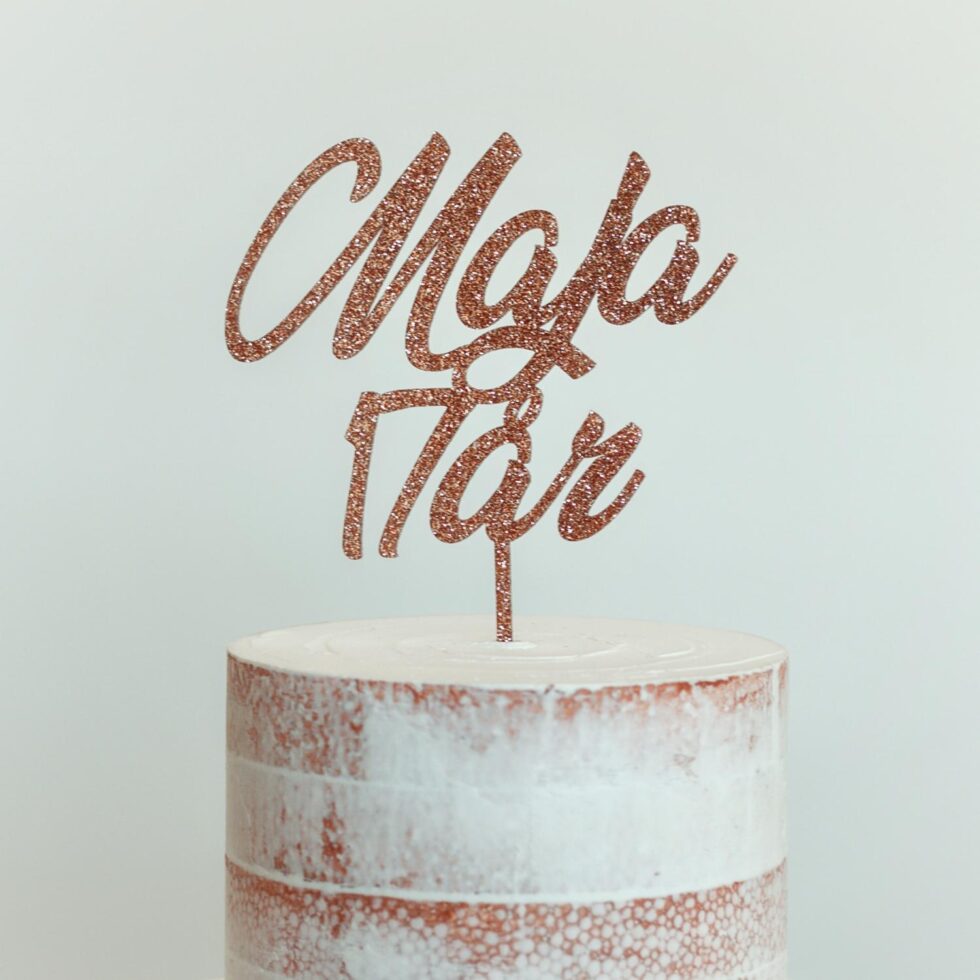 Kakepynt, rosegull glitter - eget navn og alder/dato