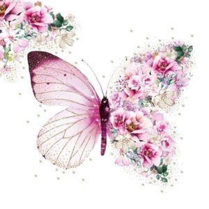 Servietter lunsj, rosa sommerfugl og blomster - 20 stk
