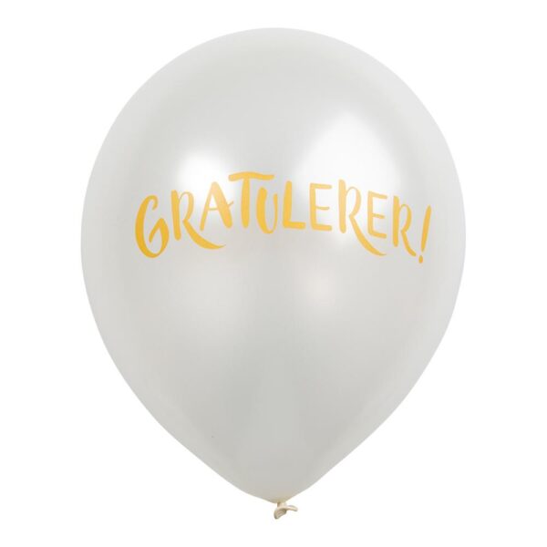 Ballonger perlemor hvit, gratulerer - 6 stk