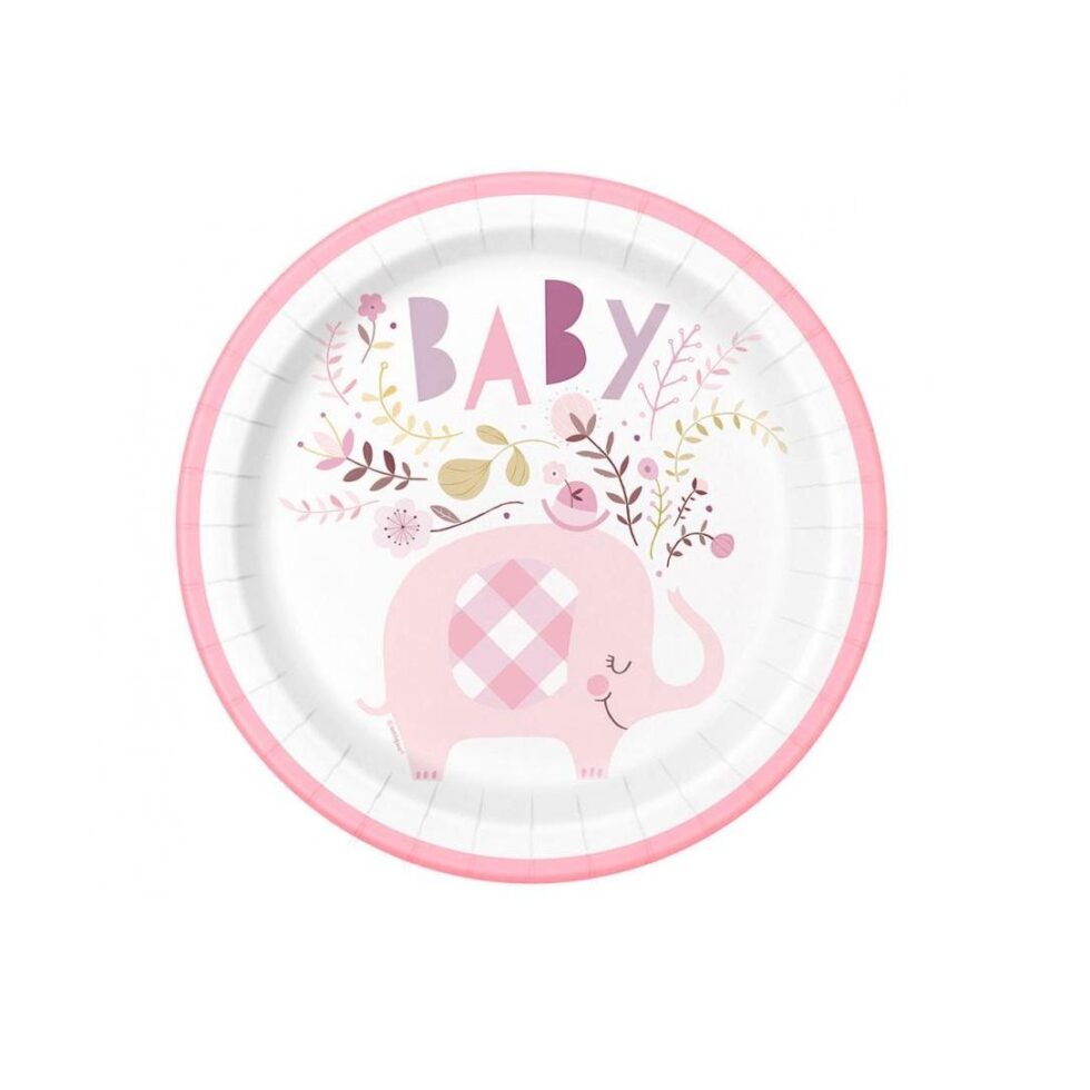 Papptallerkener baby, elefant rosa - 8 stk