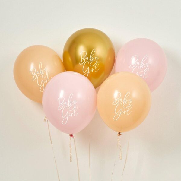 Ballonger rosa og gull, Baby Girl - 5 stk