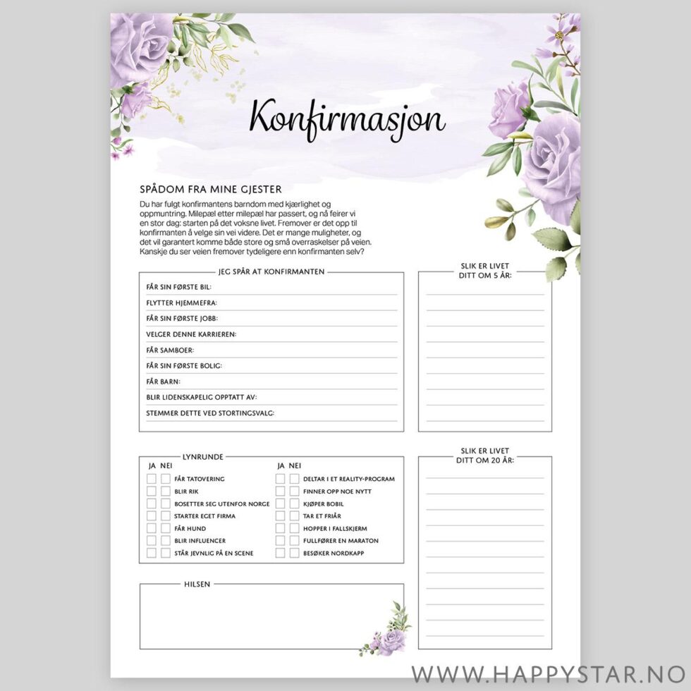 Spådomsark om konfirmanten, lilla blomst - 20 stk