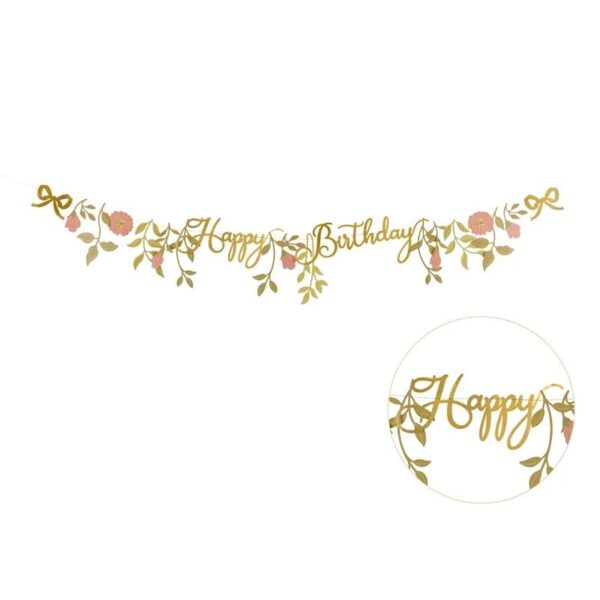 Bursdagsbanner, Rosa og gull med blomster - 1,3 meter