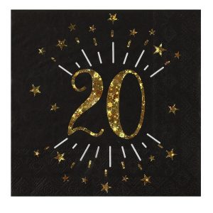 Servietter Svart og gull, 20 år – 10 stk
