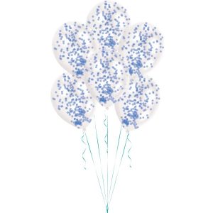 Ballonger, blank med blå konfetti - 6 stk