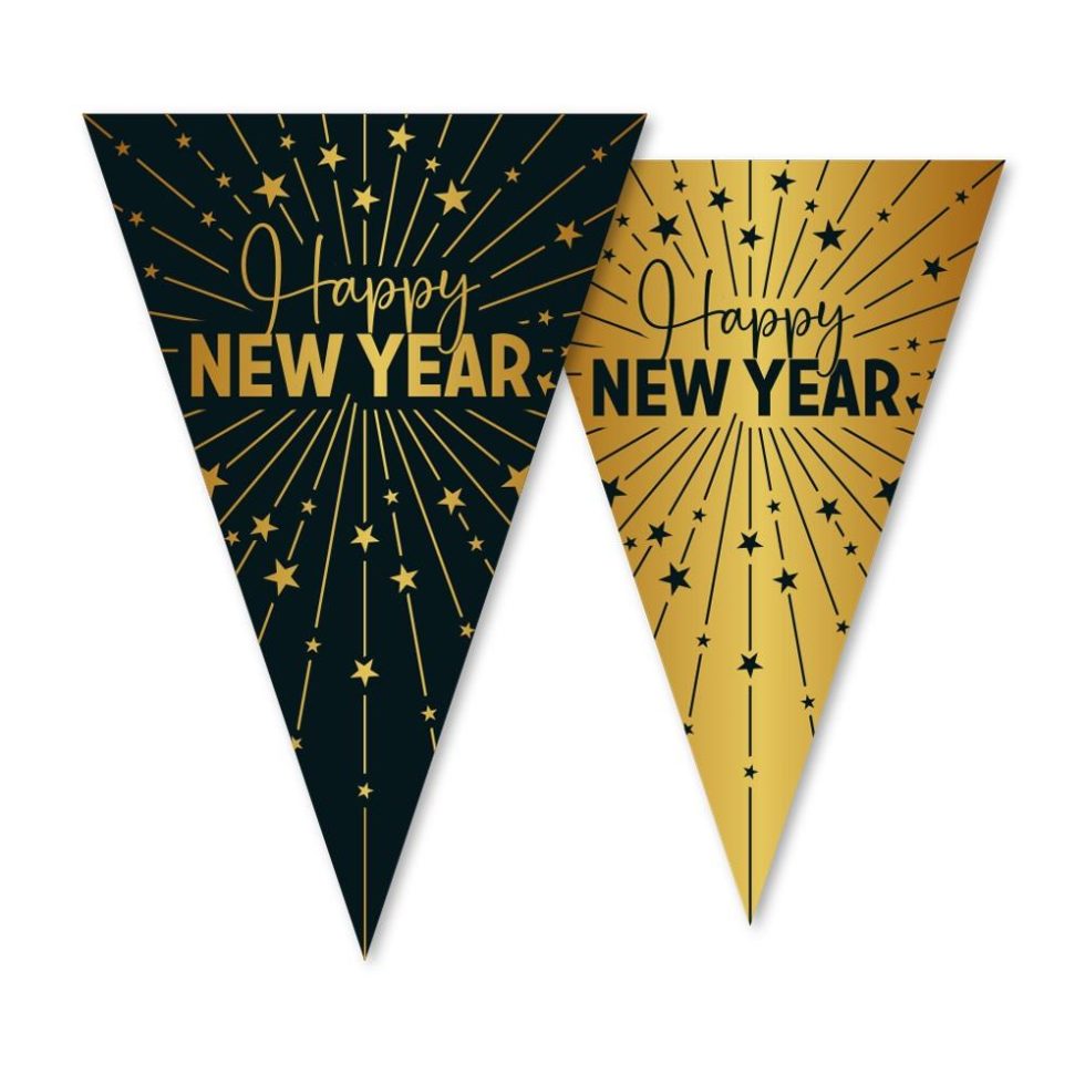Vimpelbanner gull og svart, Happy New Year - 10m