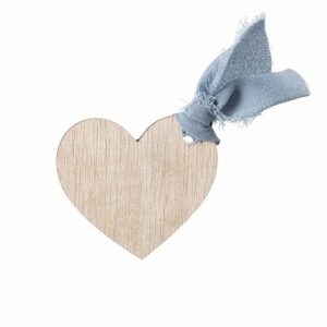 Bordkort, trehjerte med blå pynt - 6 stk