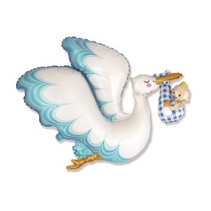 Folieballong, stork med baby - Lys blå