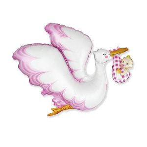 Folieballong, stork med baby - Lys rosa