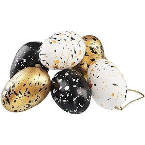 Påskepynt, hengende egg, 6cm gull, hvit og svart - 6 stk