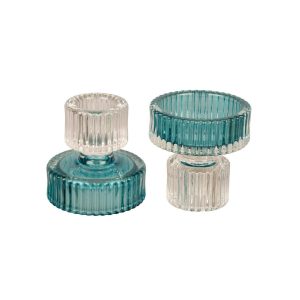 Lysestake glass til kronelys og telys - Blank og blå