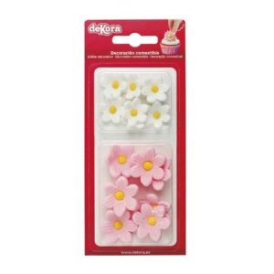 Spiselig kakedekor margeritter, rosa og hvit - 14 stk