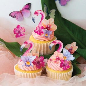 Spiselige cupcakebilder, Flamingo og blomster - 41 stk
