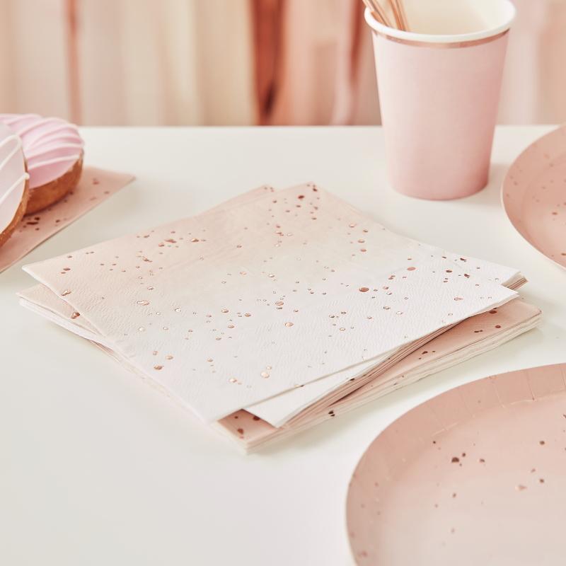 Servietter, rosa og flekket rosegull – 16 stk