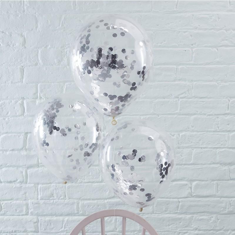 Konfettiballonger, metallic sølv – 5 stk