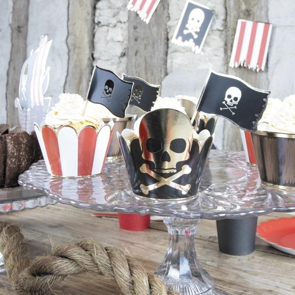 Cupcakeomslag, piratmiks med gullhodeskalle - 6 stk