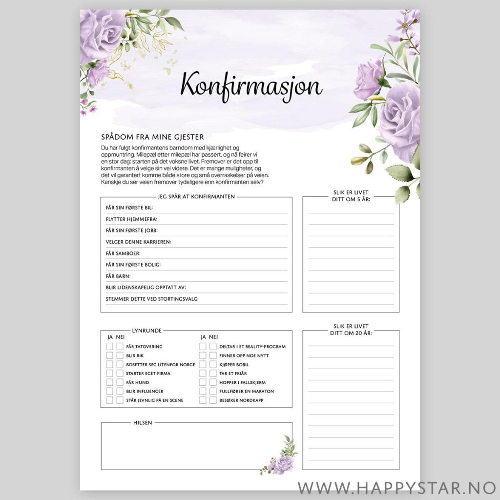Spådomsark om konfirmanten, lilla blomst - 20 stk