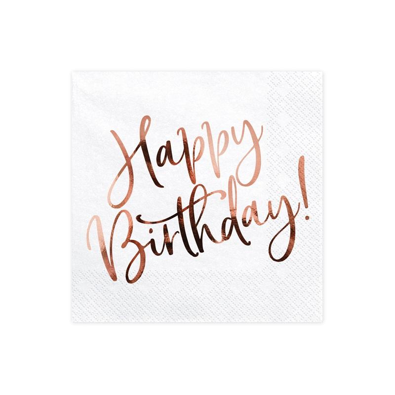 Servietter happy birthday, rosegull – 20 stk