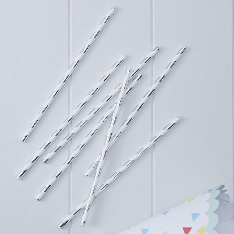 Papirsugerør stripete, metallic sølv - 10 stk