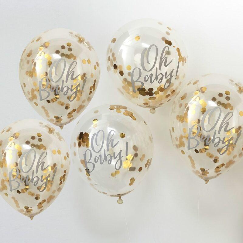 Konfettiballonger gull, Oh Baby – 5 stk