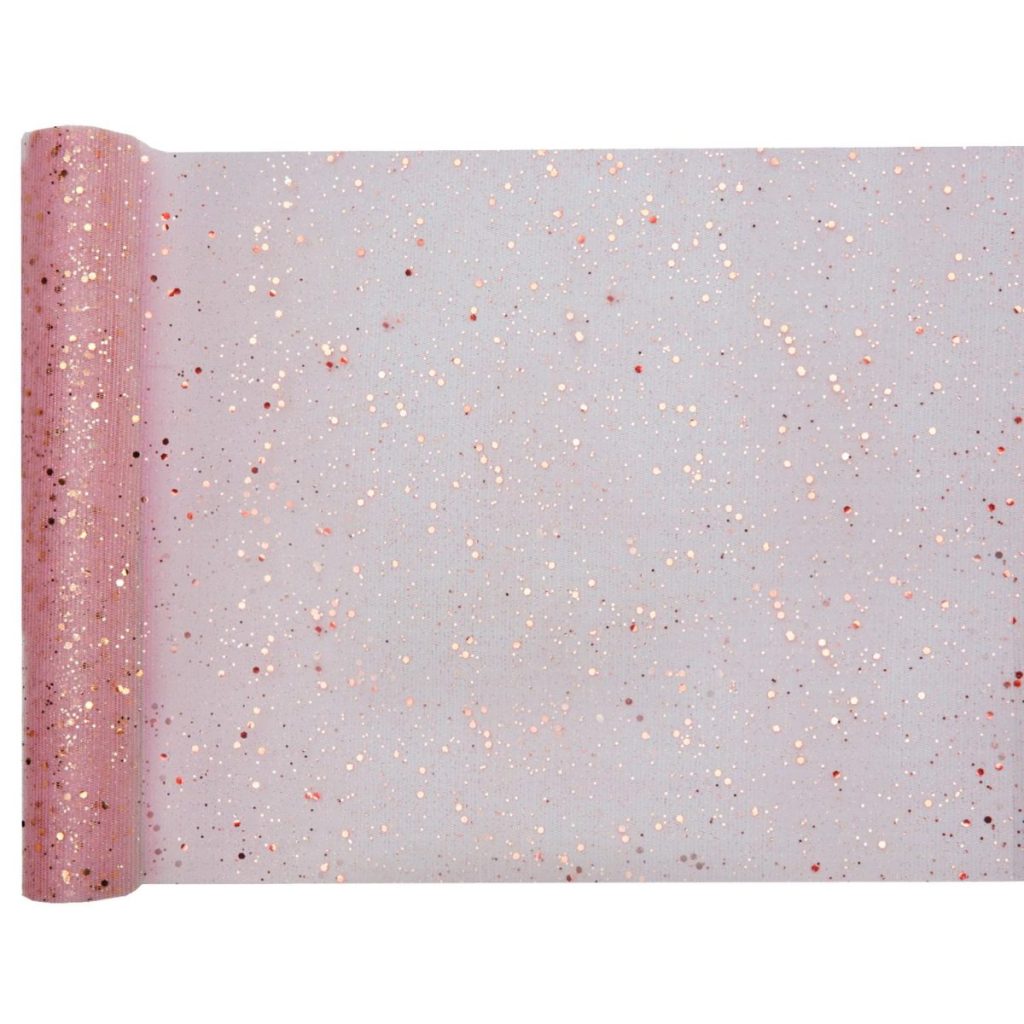 Bordløper, tyll med rosa glitter – 5 meter