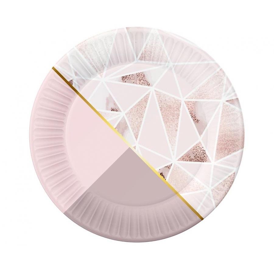 Papptallerkener, rosa geometrisk - 6 stk