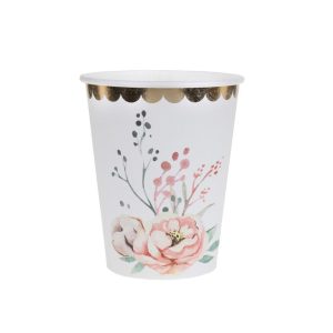 Pappkopper, Hvit med gull og blomster - 10 stk