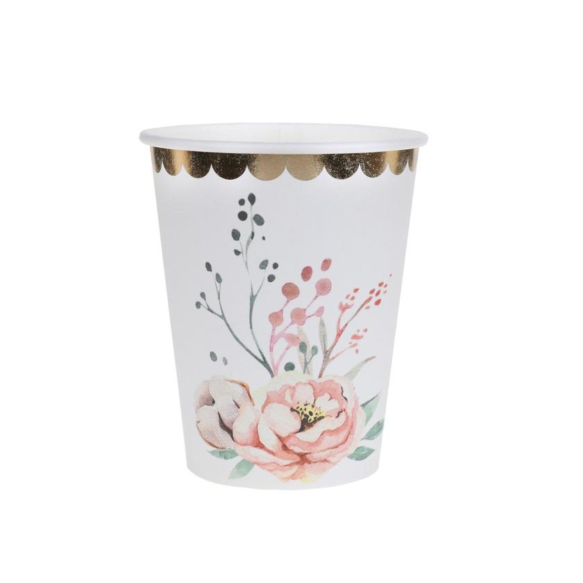 Pappkopper, Hvit med gull og blomster - 10 stk