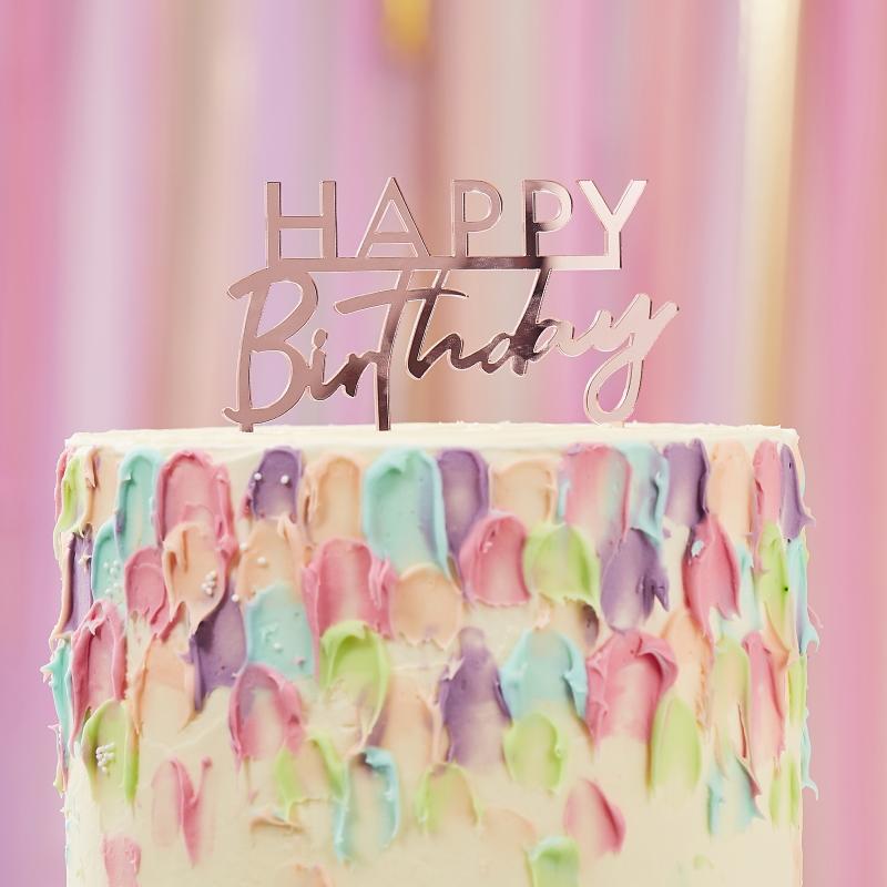 Kakepynt speil, rosa - Happy Birthday