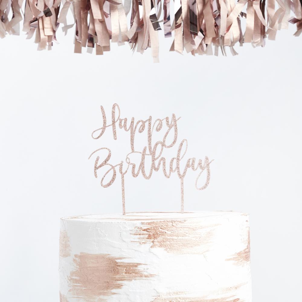 Kakepynt glitter, rosegull - Happy Birthday