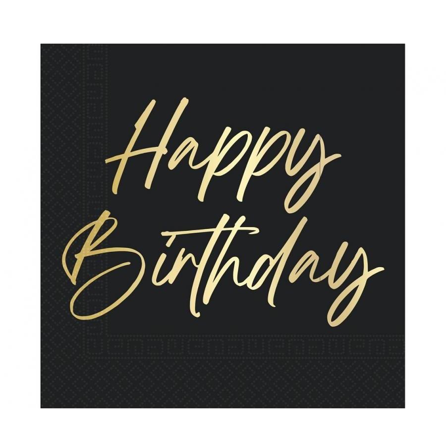 Servietter svart og gull, happy birthday – 20 stk