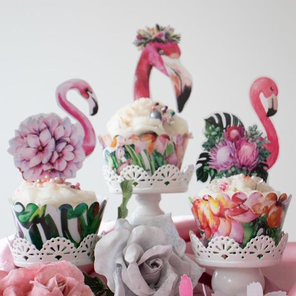 Flamingo cupcake dekor - 6 sett