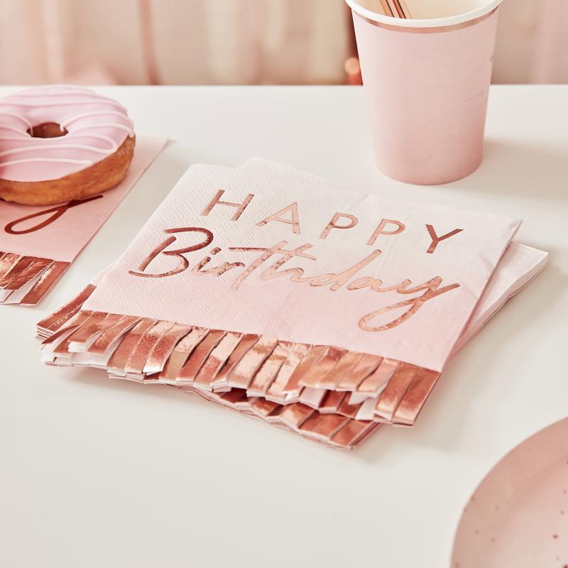 Servietter rosegull frynser - Happy birthday