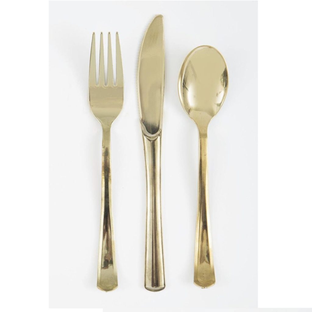 Plastbestikk metallic gull - 18 deler