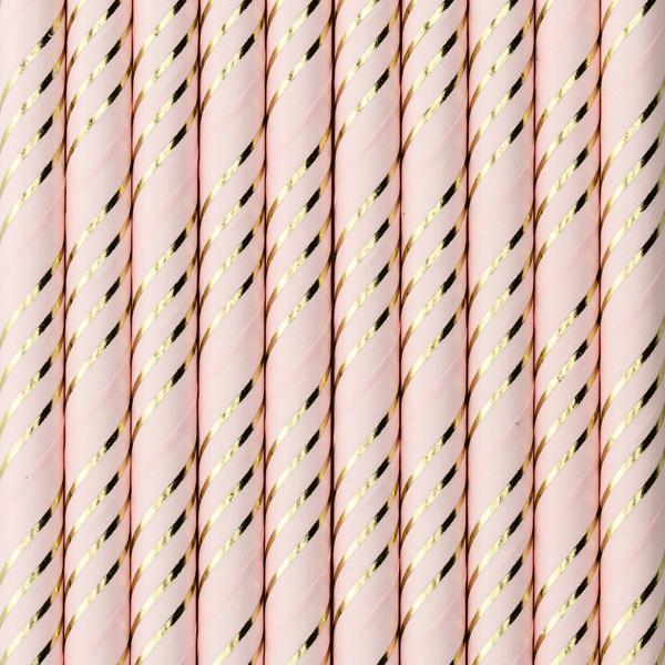Papirsugerør, rosa med gullstriper - 10 stk