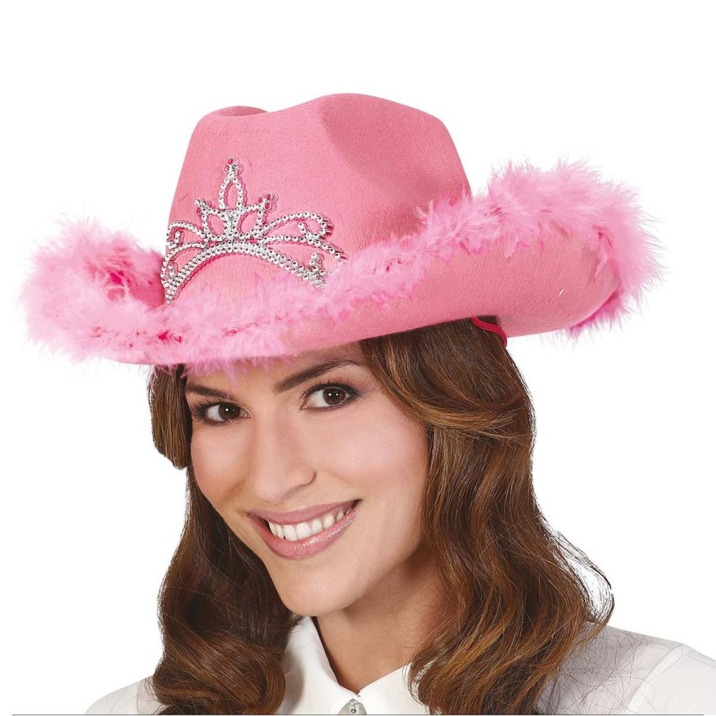 Cowboyhatt - rosa med fjær og tiara