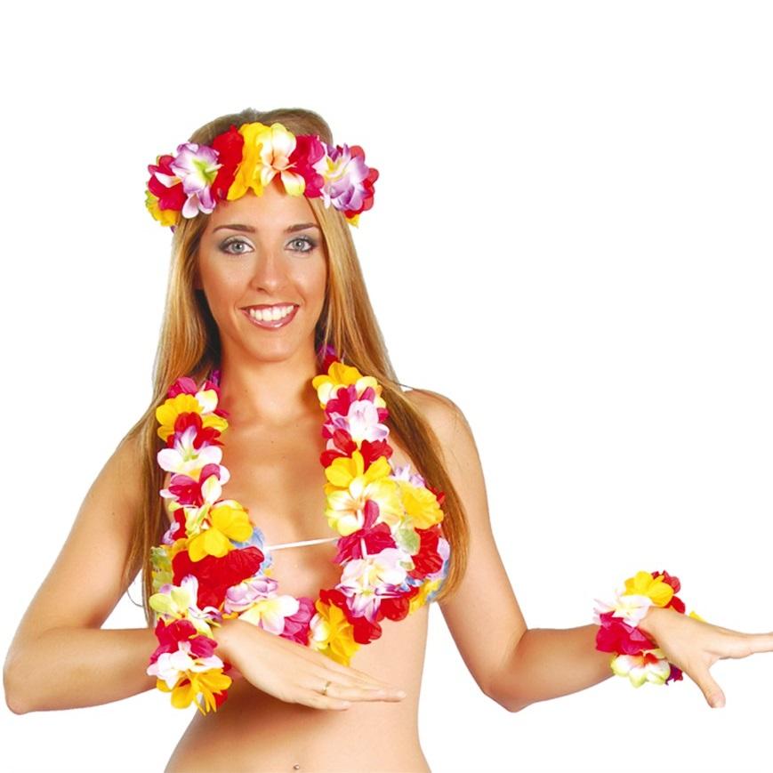 Hawaiisett, 4 deler - gul og rosa