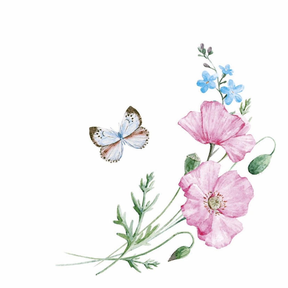 Servietter lunsj, blomster og sommerfugl - 20 stk