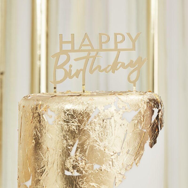 Kakepynt speil, gull - Happy Birthday