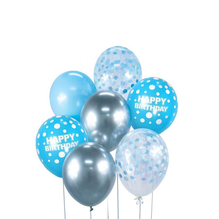 Ballonger, bursdag sølv og blå - 7 stk
